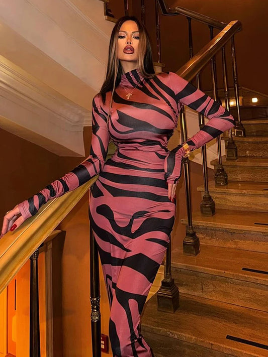 Leopard Print Maxi Dress for Long Sleeve Slim Fit Birthday Gown Dress Female Cloth