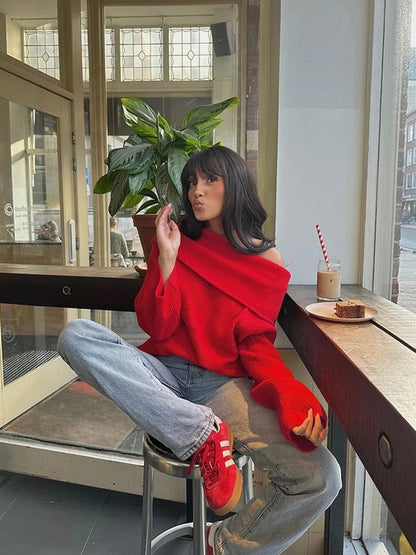 Simple Knitted Sweater for Woman Slash Neck Long Sleeve Loose Pullover Autumn Basic Jumper