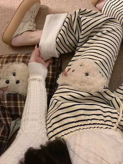 Stripe Dog Graphic Sweatpants Cutecore Cartoon Embroidery Wide Leg Straight Pants Korean Thick Warm Winter Bottoms