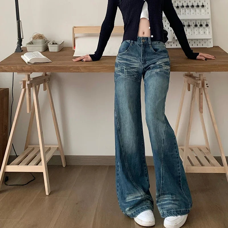 High Waist Loose All Match Jeans Autumn New Korean Splicing Washed Denim Wide Leg Pants