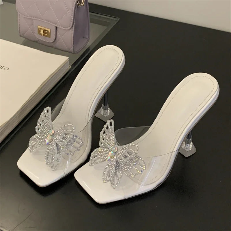 Summer Pvc Transparent Butterflyknot Square Toe Woman Slippers Crystal Heels Slide Shoes