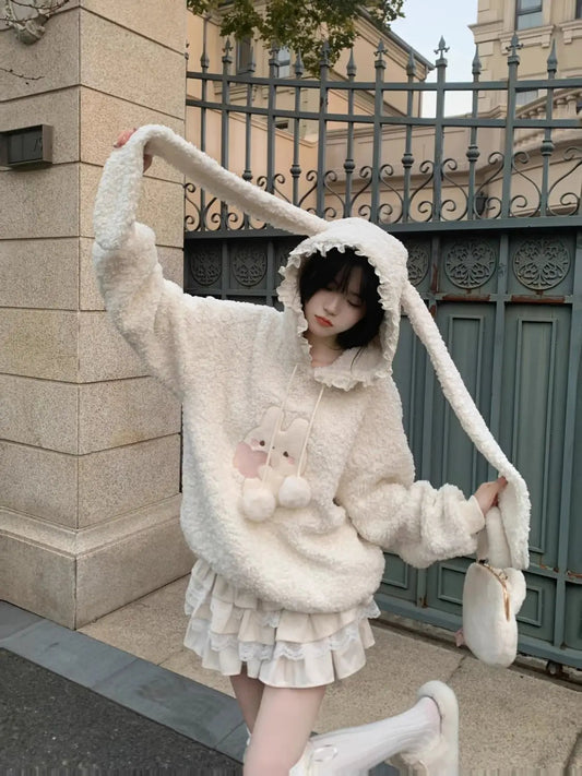 Rabbit Long Ears Hooded Lamb Wool Sweater Coat Winter Plush Padded Thickened Sweet Loose Hoodies Tops Female