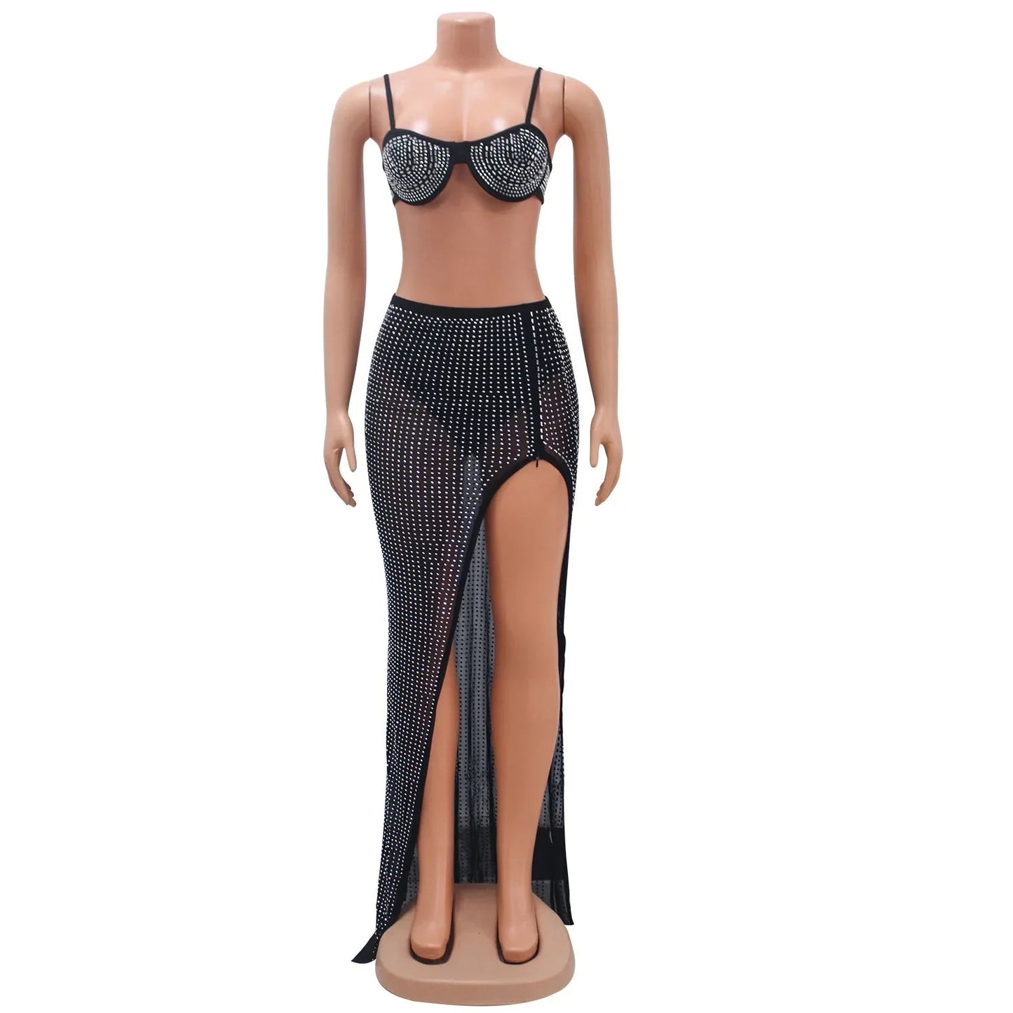 Summer Prom Corset Maxi Dresses Sets Diamond Bikini Top High Waist Sheer Mesh Skirt Club Party Vestido Two Piece Sets