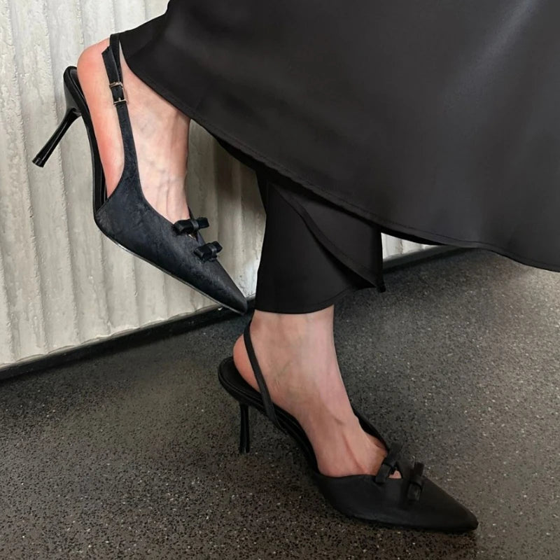 Spring Bowknot Strap Thin Heeled Shoes Hollow Pointed Fine High Heels Wedding Banquet Shallow Mouth Female Sandals
