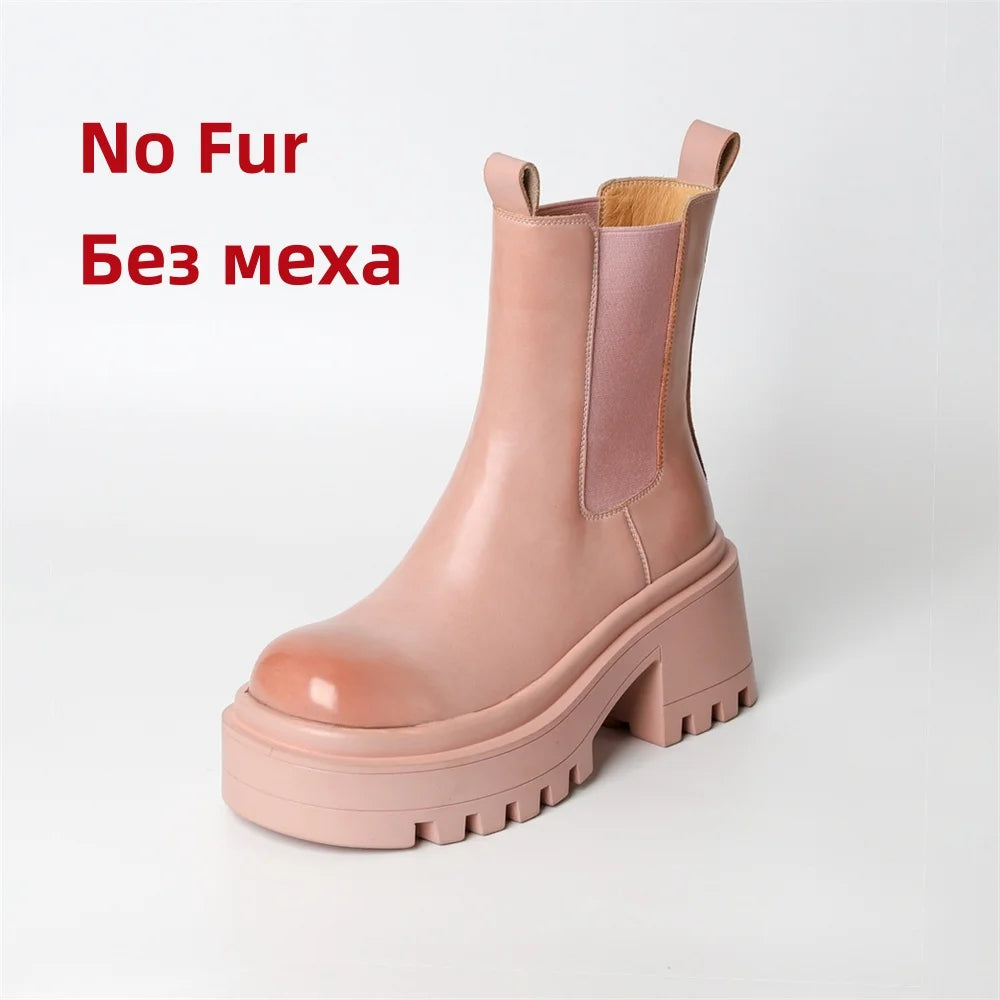 Platforms Ankle Boots Genuine Leather Thick Sole Ankle Female Punk Motorcycle Shoes Combat Booties