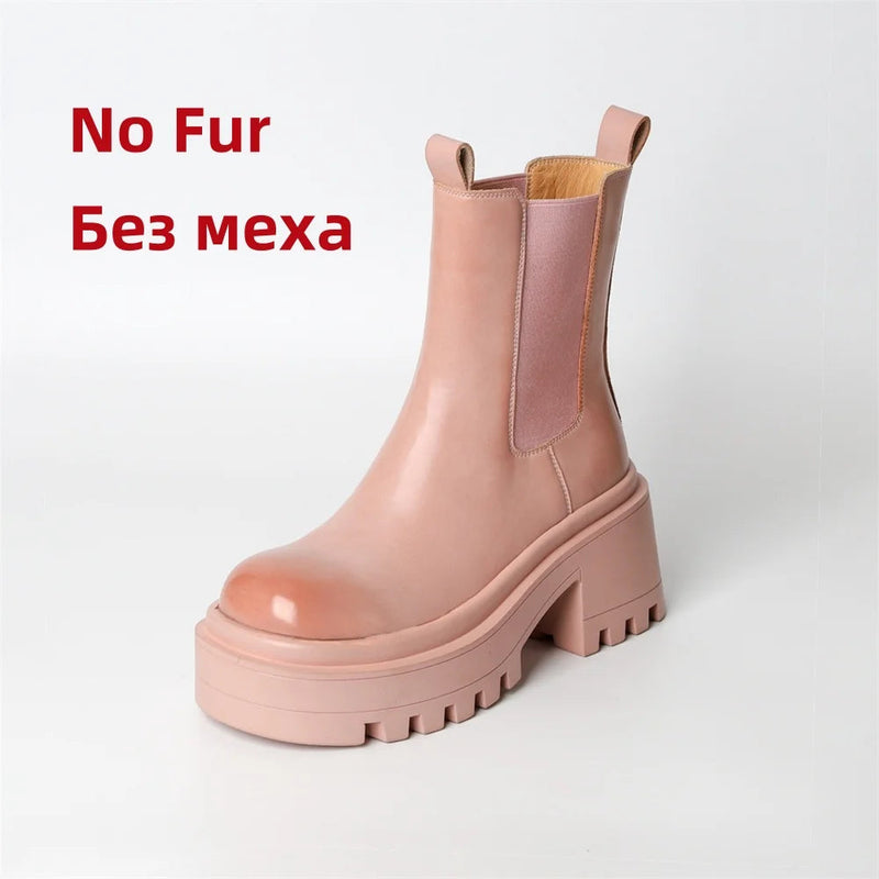 Platforms Ankle Boots Genuine Leather Thick Sole Ankle Female Punk Motorcycle Shoes Combat Booties