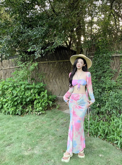 Pink Gradient Print Two Piece Set Summer Beach Vacation Long Sleeves Short Coat + Backless Halter Tops and Long Skirt Suit