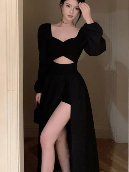 Black Long Dresses for Long Sleeve Square Collar Hollow Out High Slit Evening Party Dress Prom Robe Vestidos Mujer