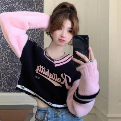 Korean Sweet Vneck Off Shoulder Pullovers Autumn New Embroidery Lazy Tops Y2k Egirl Long Sleeve Sweaters Mujer