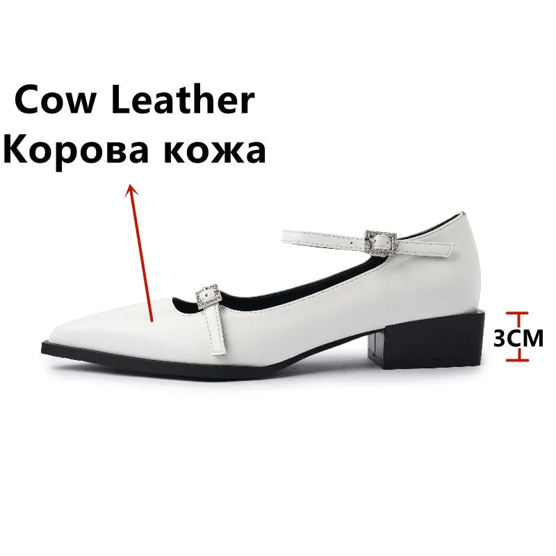 Low Heels Pointed Toe Pumps Genuine Leather Mary Janes Shoes Woman Office