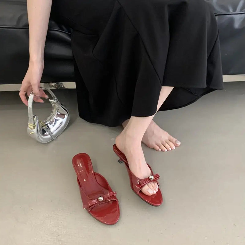 String Bead Highheeled Shoes Lady Slippers Outdoor Slides Pantofle Butterflyknot Low Rubber Flip Flops Hawaiian Pu
