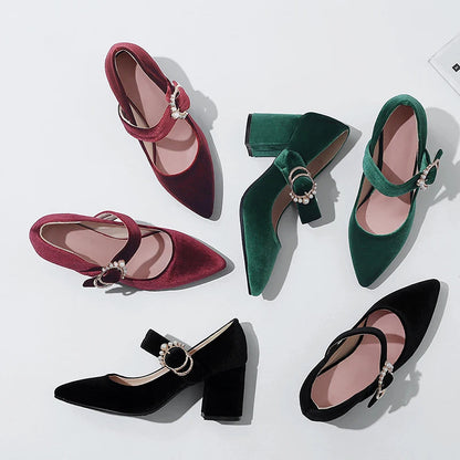 Velvet Mary Jane Shoes Pearls Buckle Highheeled Velour Green Burgundy Pumps Office Banquet Party Dress Shoes 3343