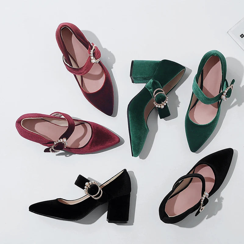 Velvet Mary Jane Shoes Pearls Buckle Highheeled Velour Green Burgundy Pumps Office Banquet Party Dress Shoes 3343