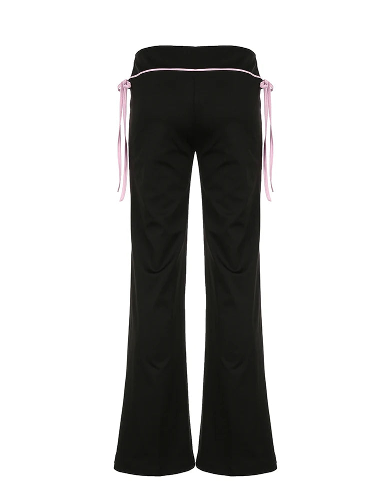 Contrast Lace-up Low Waist Y2k Flared Pants Black Basic Simple Sweet Style Trousers