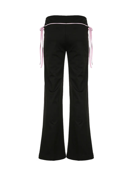 Contrast Lace-up Low Waist Y2k Flared Pants Black Basic Simple Sweet Style Trousers