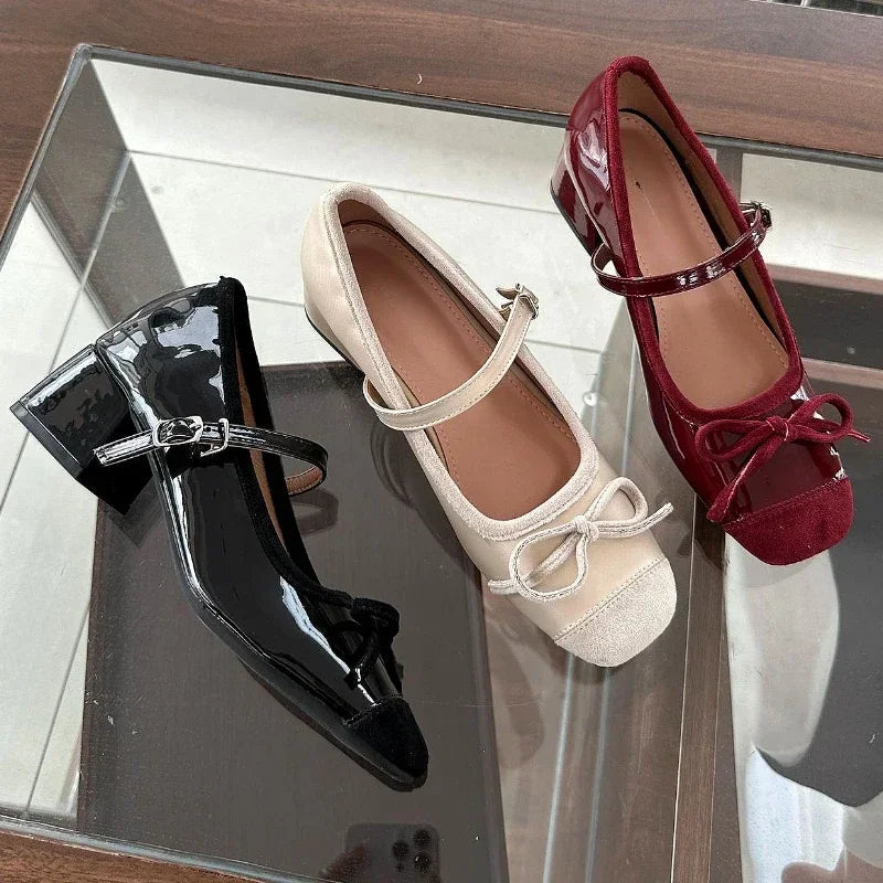 Chunky Mary Jane Shoes New Butterflyknot Ballet Shoes Retro High Heels Dress Shoes Zapatos De Mujer