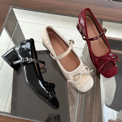 Chunky Mary Jane Shoes New Butterflyknot Ballet Shoes Retro High Heels Dress Shoes Zapatos De Mujer