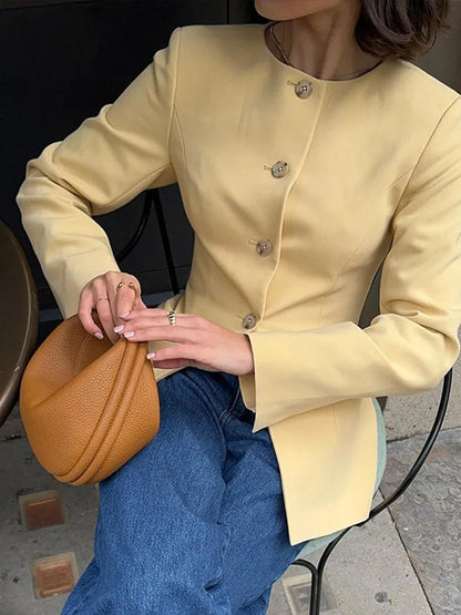 Office Coats O Neck Long Sleeve Pockets Single Breasted Female Jackets Autumn Lady Tops