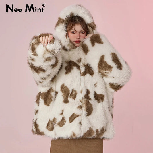Sweet Harajuku Y2k Oversized Leopard Faux Fur Coat Winter Thicken Fox Fur Jacket Hooded Overcoat Outerwear