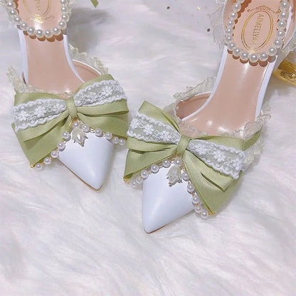 Lolita High Heels for Pearl Lace Green Designer Shoes High End Knot Bridal Shoes Trending