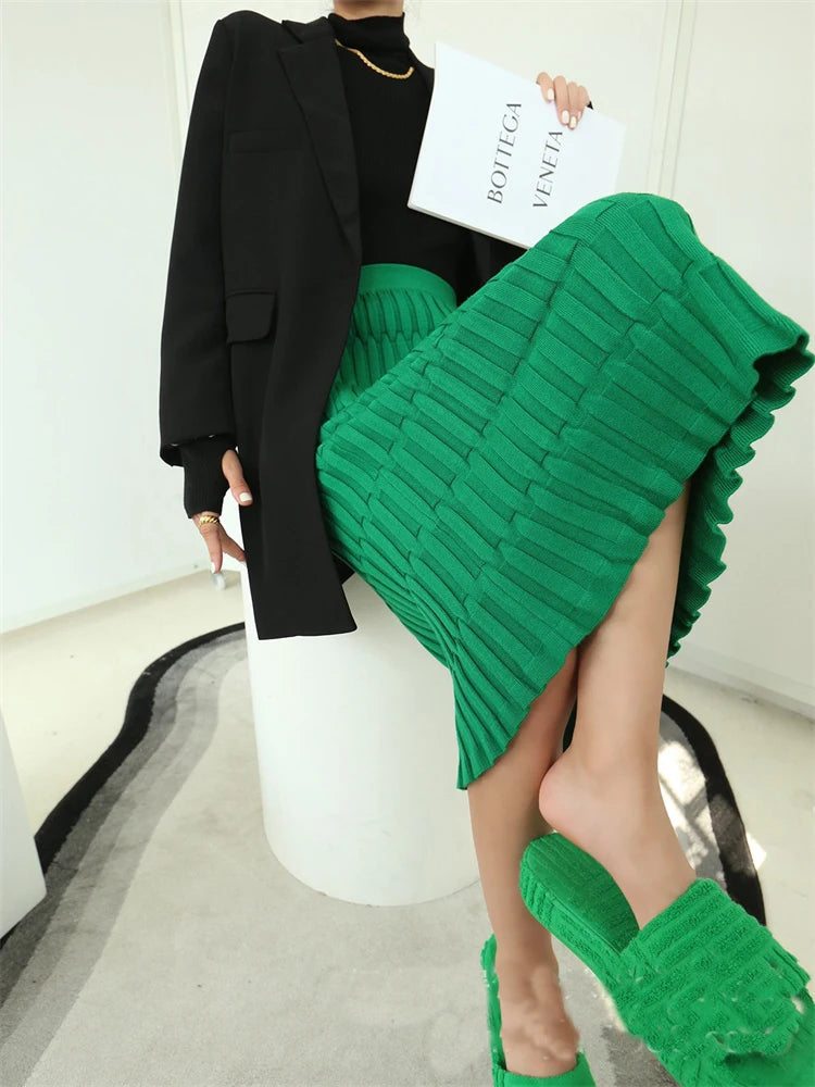 Knit High Waist Patchwork Long Skirt Loose Slim Autumn Knitwear Maxi Skirt
