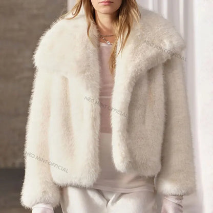 Street Furry Collar Faux Fur Coat Winter Hot Snow White Mountain Fluffy Fox Fur Jacket