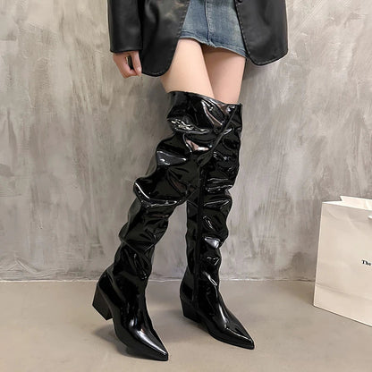 Winter Pleated Over the Knee High Boots Slip on Long Booties Autumn Thick Heel Shoes