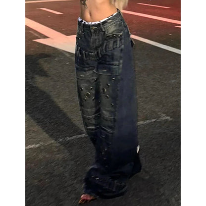 Blue High Waist Jeans Color Contrast American Wide Leg Jean Female Trouser Baggy Denim Pants