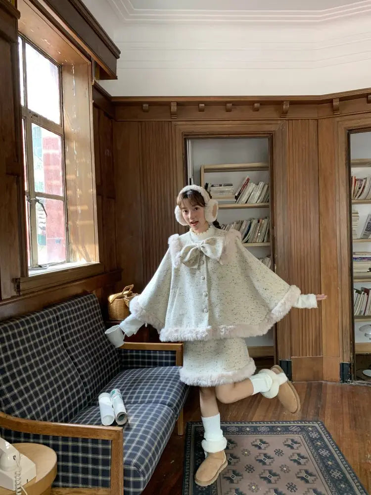 High End Sweet Temperament Loose Bow Cloak Coat New Winter Clothes Short Skirt Set Plush Splicing Two Piece Sets Outfits
