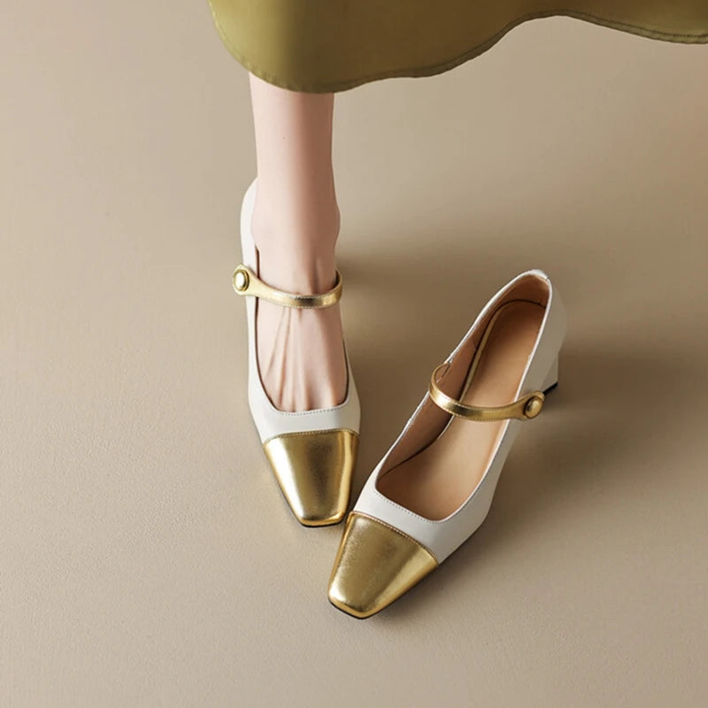 Spring/autumn Pumps Split Leather Shoes for Square Toe Chunky Heel High Heels Elegent Mixed Colors Mary Janes Shoes