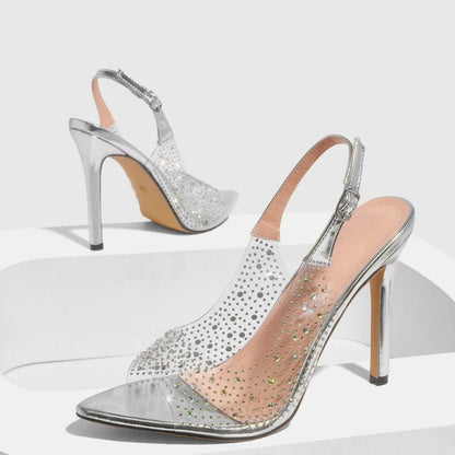 Rhinestone Thin Heeled Sandals Pointed Toe Transparent Pvc Pumps Size 42 Party Backless Stripper Shoes