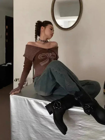 Bow Print Offshoulder Knitwear Gradient Cardigan Sweater Zipper Maillard Style Fairy Grunge Long Sleeve Top Y2k Clothes