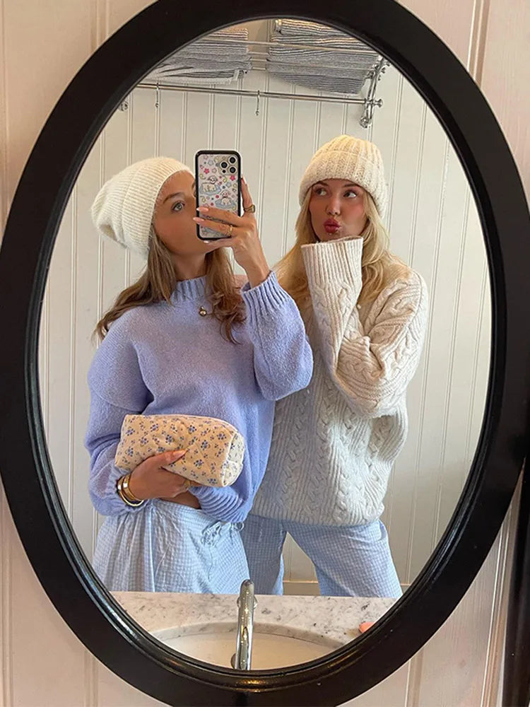 Loose Blue Sweater O Neck Cropped Pullover Tops Female Autumn Knitted