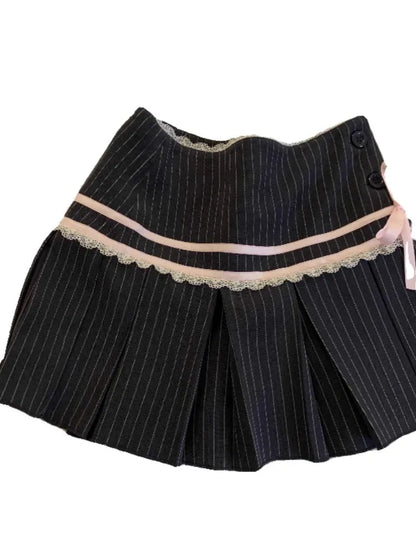 Preppy Style Half Skirt Clothing Highwaisted Aline Skirt Bow Stripes Contrast Color Pleated Skirts