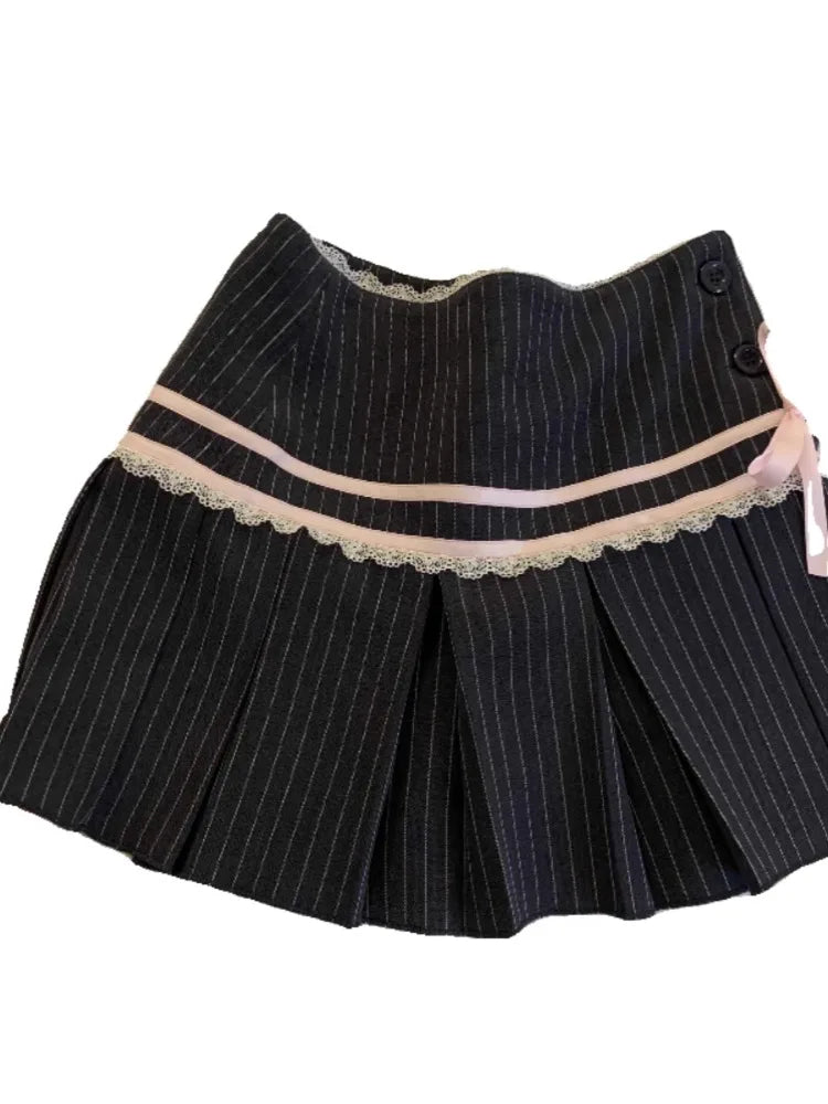 Preppy Style Half Skirt Clothing Highwaisted Aline Skirt Bow Stripes Contrast Color Pleated Skirts