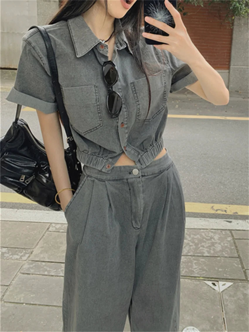 Retro Denim High Street Coats Short Sleeve Slim Mopping Summer New Pants Sets Office Lady All Match