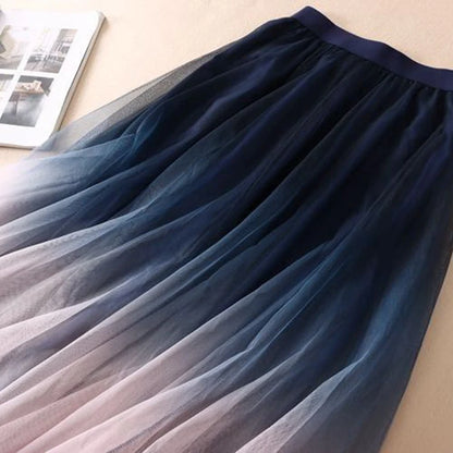 Gradient Tulle Midi Skirt Mesh Pleated Skirts Summer Korean High Waist All Match a Line Skirt