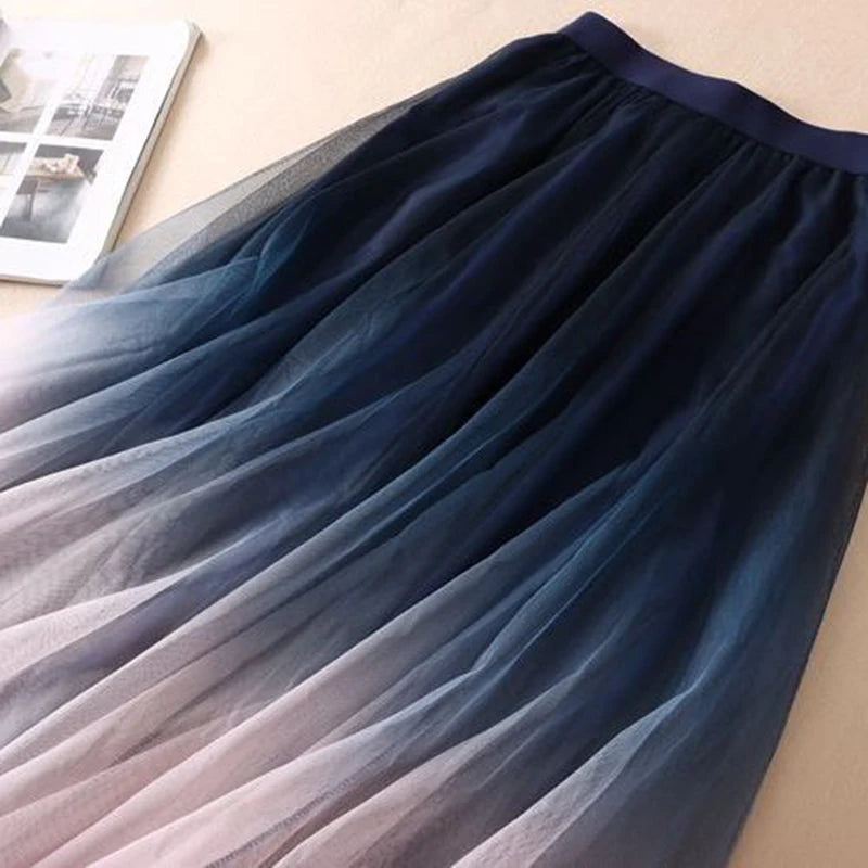 Gradient Tulle Midi Skirt Mesh Pleated Skirts Summer Korean High Waist All Match a Line Skirt