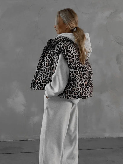 Leopard Zipper Cotton Vests Loose Sleeveless Lapel Short Coats Female Autumn Street Outwear