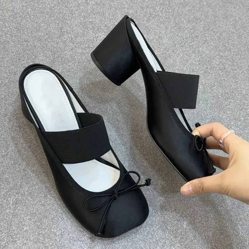 Handmade Korean Apple Head Cool Slippers for Outwear New Summer Baotou Bow Thick Heels High Heels