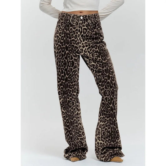 Y2k Leopard Jeans Woman Baggy Spring Harajuku Denim Pants Korean Causal Trousers Aesthetic