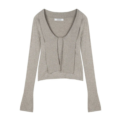 Khaki Ribbon Vneck Long Sleeve Knitted Sweater Korean Style Slim Knitwear Design Aesthetics Clothes