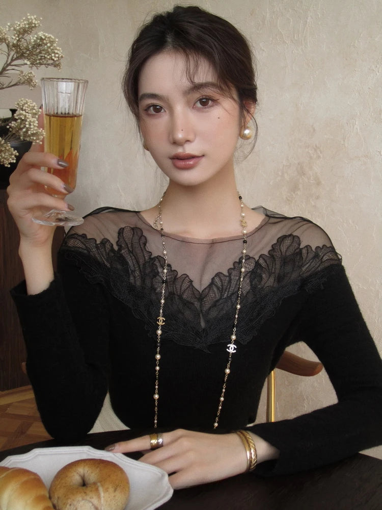 White Off Shoulder Knit Sweater Lace Transparent Mesh Long Sleeve Crop Pullovers Fairycore Aesthetics Clothes