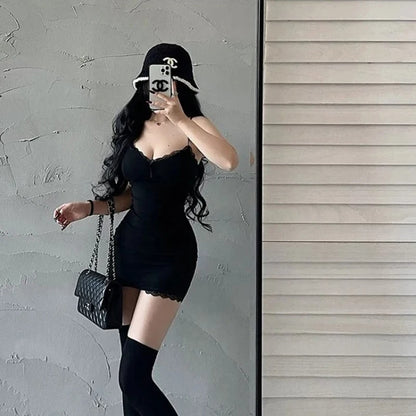 Hot Girl Lace Suspender Dress for Spring and Summer With Breast Pads Slim Low Collar Bottoming Hip Skirt