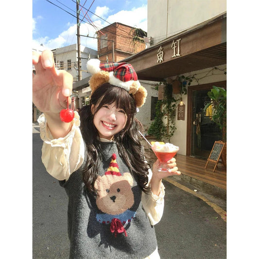 Kawaii Cartoon Bear Sweater Vest Japanese Print Knitted Pullovers Waistcoat Aesthetic Knitwear Korean Sleeveless Jumpers
