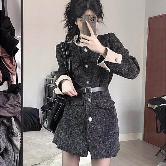 Autumn Winter Mini Dresses for With Belt Turn-down Collar Patchwork O-neck Korean Blazer Dress Vestidos