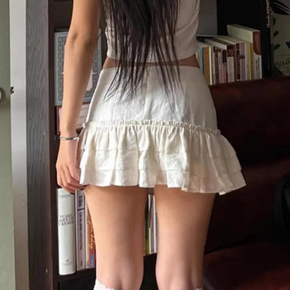 Spring and Summer Korean Retro High Street Low Waist Laceup Mini Cake Skirt Skirt
