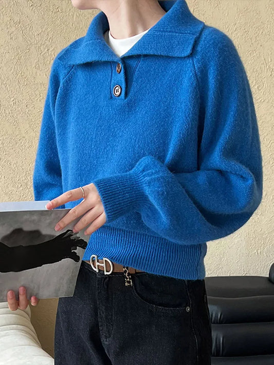 Knitted Lapel Sweaters Loose Button Long Sleeve Pullover Sweater Female Autumn Base Tops