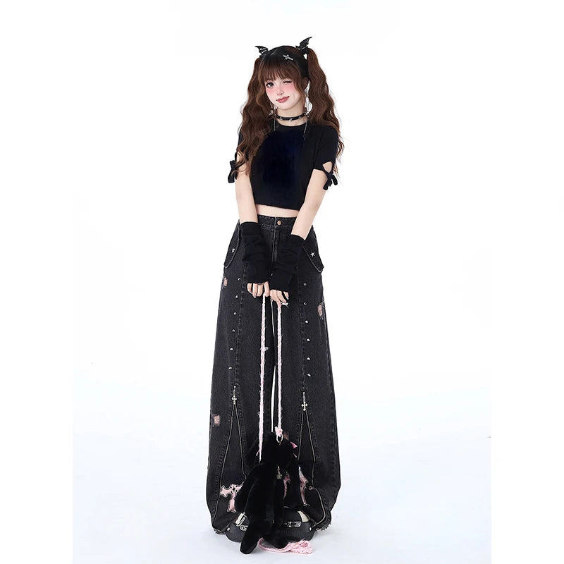 Black Gothic Baggy Jeans High Waist Cowboy Pants Harajuku Denim Trousers Aesthetic Y2k Emo Trashy 2000s Clothes