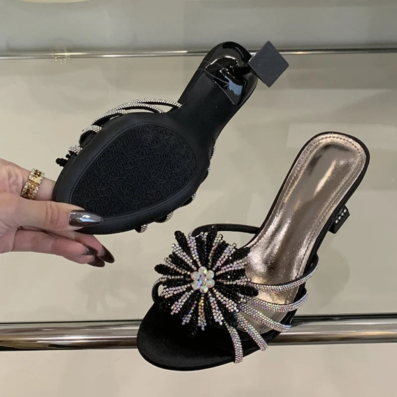 New Gold Silver Crystal Gem Strange Low Heels Slippers Rhinestone Flowers Summer Party Prom Shoes Mules Sandals